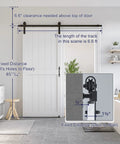 36 By 84 Inch White Sliding MDF Barn Door With Six Point Six Foot Black Sliding Door Hardware Kit And Handle Pre Drilled Ready To Assemble Waterproof PVC Coating H Frame Durable Primed MDF And PVC Construction For Water Resistance And Stable Performance installed in living area