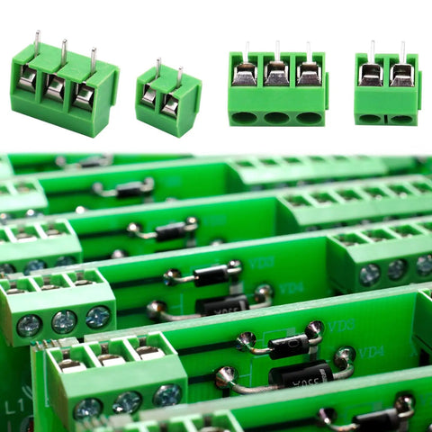 60 Pack Go-To 2 Pin and 3 Pin 5mm Pitch PCB Mount Screw Terminal Block Connectors Can Be Spliced Green for 14-22 AWG Wires Rated AC 300V 10A Easy To Install, green PCB connectors