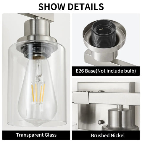 Details of Four Light Brushed Nickel Bathroom Vanity Light With Clear Glass Shades, E26 base, brushed nickel finish