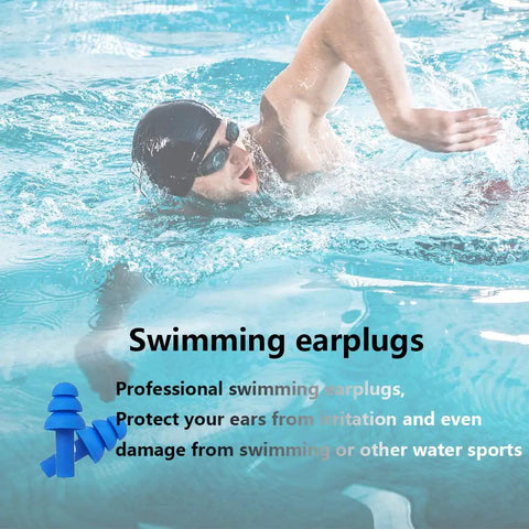 Silicone Sleep Ear Plugs With Killer Noise Reduction NRR 29 dB shown with swimmer in pool highlighting water protection benefits