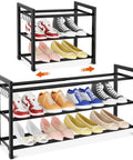 Space Saver Expandable Shoe Rack 18.5 To 33 Inches Wide 3 Tier Metal Shoe Organizer No Tools Assembly For Entryway Closet Bedroom Garage Dorm Free Standing Holds 12 Pairs With Hooks Black showing two expansion states with shoes on each tier, displaying different types and colors of sneakers and flats.
