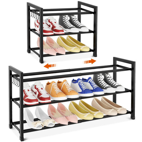 Space Saver Expandable Shoe Rack 18.5 To 33 Inches Wide 3 Tier Metal Shoe Organizer No Tools Assembly For Entryway Closet Bedroom Garage Dorm Free Standing Holds 12 Pairs With Hooks Black showing two expansion states with shoes on each tier, displaying different types and colors of sneakers and flats.