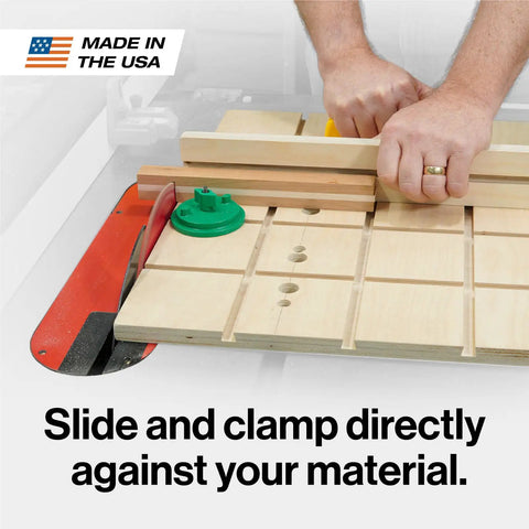 Person using Ring Clamp Set For Dovetail Track System Twist To Tighten Cam Action Low Profile Workholding For Woodworking CNC Router Tables Shop Jigs 2 Pack Made In USA CN P2K2 on a wooden board.