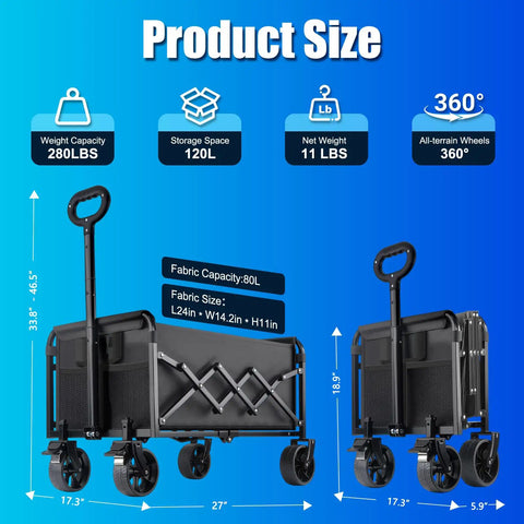 Foldable Wagon Cart With All Terrain Wheels And Brakes, Heavy Duty Utility Wagon That Pulls Easy, 360 Lbs Static Capacity