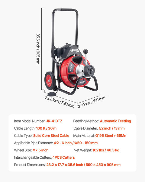 Auto Feed Drain Cleaner On Wheels With 100 Ft Cable For 2 To 6 Inch Pipes, Portable Sewer Snake Auger, 1700 RPM Motor, Four Cutters