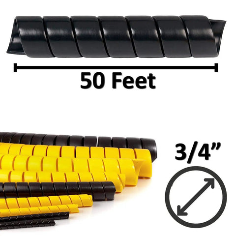 Heavy Duty Three Quarters Inch Spiral Wrap HDPE Cable Sleeve Hose Protector Black 50 Feet Flexible Plastic Shield for Wires