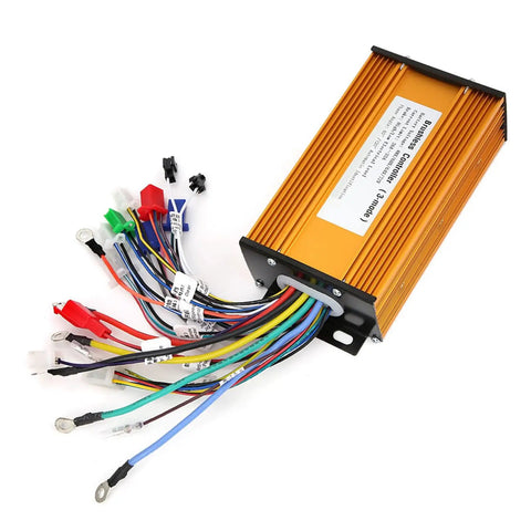 Heavy Duty Brushless Speed Controller For Electric Scooters Rides Like Butter With Smooth Throttle Response And Three Mode Options, viewed from the side, with multiple colored wires.