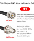 Close-up view of 2 Pack 50 Ohm RG58 BNC Male To Female Coax Cable, 3 Foot Low Loss Antenna Extension with connector details