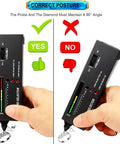 High Accuracy Diamond Tester Pen With LCD Display And LED Indicator held at 90 degrees over a diamond ring