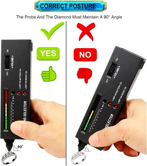 High Accuracy Diamond Tester Pen With LCD Display And LED Indicator held at 90 degrees over a diamond ring