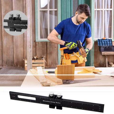 Man using Pocket Woodworking Ruler With Adjustable Sliding Head And Locking Stop, Precision 12 8 6 Inch Metal Scribe Ruler in workshop