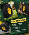 Front Tire And Wheel Assembly 15x6.00-6 Two Pack For Riding Lawn Mower Replacement Front Tires With Three Inch Centered Hub And Three Quarter Inch Bore Bushings Includes Extra Five Eighth Inch Bushings Fits Most Riding Lawn Tractors Yellow, shown installed on grass and gravel surface, highlighting traction features.