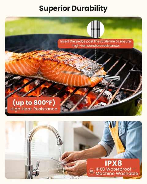 Wireless Meat Thermometer With WiFi And Bluetooth Ultra Thin Probe in grilled salmon, demonstrating durability and waterproof feature