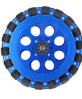 Blue 8-inch Tgoon omni wheel with aluminum hub and segmented black rubber rollers for DIY projects