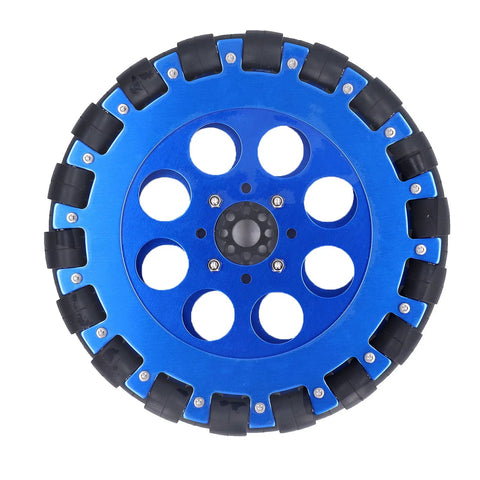 Blue 8-inch Tgoon omni wheel with aluminum hub and segmented black rubber rollers for DIY projects