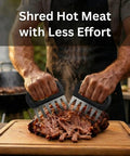 Stainless Steel Meat Claws For Shredding Pulled Pork And More, Black Handle Bear Claws Shredder in use on cooked meat.
