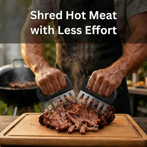 Stainless Steel Meat Claws For Shredding Pulled Pork And More, Black Handle Bear Claws Shredder in use on cooked meat.