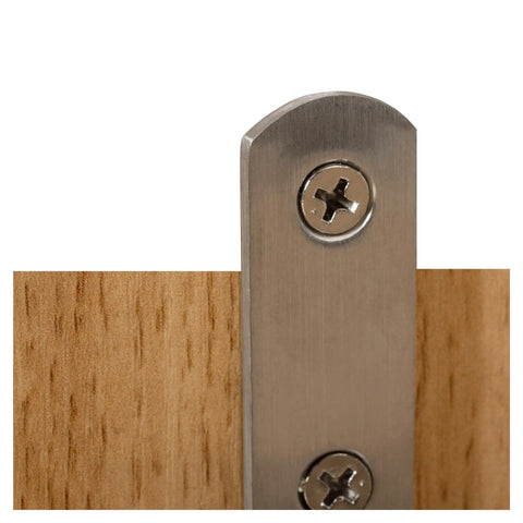 Heavy Duty L Shape Corner Brackets For Wood Furniture And Bedframes Keep Your Carpentry Tight With These Straight Up Stainless Steel 90 Degree Mounts In A Ten Pack close-up of stainless steel bracket attached to wood panel.