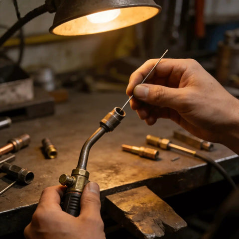 Heavy Duty Torch Tip Cleaner Kit Set For Welding And Cutting Nozzles in use, showing wire cleaning torch nozzle on workbench