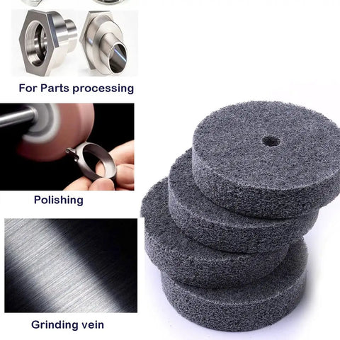 No Hassle Quick Swap Fiber Buffing Discs For Bench Grinder, 75mm pads for polishing stainless steel in use on a workpiece.