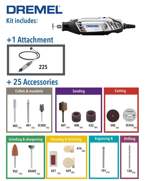 Heavy Duty 130 Watt Rotary Multi Tool Powerhouse Offering Variable Speed Control From 10000 To 33000 Rpm with various attachments and bits included.
