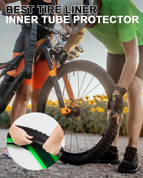 Bike Tire Liner Inner Tube Flat Protector installation on a mountain bike, showcasing black and green liner