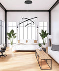 Modern bedroom with Three-Ring Black LED Chandelier For High Ceilings, 79 Inch Adjustable Hanging Light and 6000K cool white glow