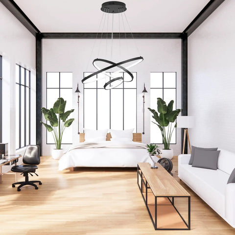 Modern bedroom with Three-Ring Black LED Chandelier For High Ceilings, 79 Inch Adjustable Hanging Light and 6000K cool white glow