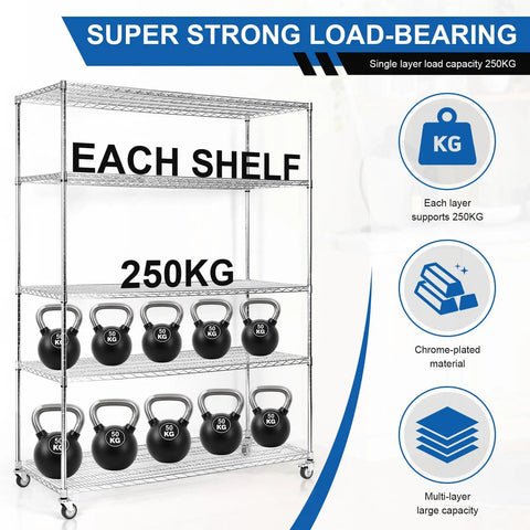 5-Tier Steel Storage Rack With Wheels And Shelves Beefy Built To Last 7500 Lbs Total Capacity Waterproof Liners Rust Resistant