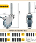 Dimensions of Heavy Duty Expanding Stem Casters Set Of 4 With Locking Brakes For Wire Shelving And Tables, Swivel Casters Fit Tubes