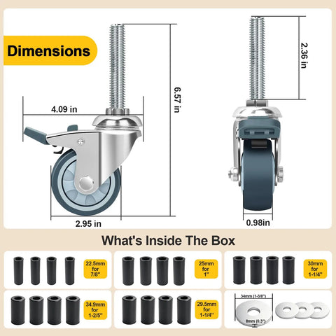 Dimensions of Heavy Duty Expanding Stem Casters Set Of 4 With Locking Brakes For Wire Shelving And Tables, Swivel Casters Fit Tubes