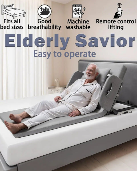 Heavy Duty Electric Bed Lift Assistant For Elderly And Disabled, Smooth Up Right Support With Remote Control, Adjustable Backrest 2 To 80 Degrees, Silent Motor, No Strain To Get Out Of Bed Safely, elderly man using a bed lift on a mattress.