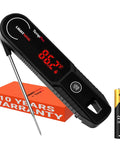 Lightning Fast One Second Instant Read Meat Thermometer With 180 Degree Rotating Display IP67 Waterproof shown with battery and packaging