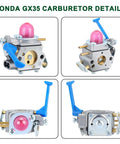 Honda GX35 carburetor details showing a metal and plastic construction with pink and blue components in various angles