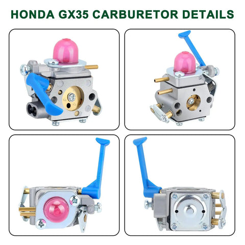 Honda GX35 carburetor details showing a metal and plastic construction with pink and blue components in various angles