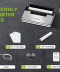 Stainless Steel Vacuum Sealer Machine With Built In Cutter And Bag Storage displayed with starter kits and warranty