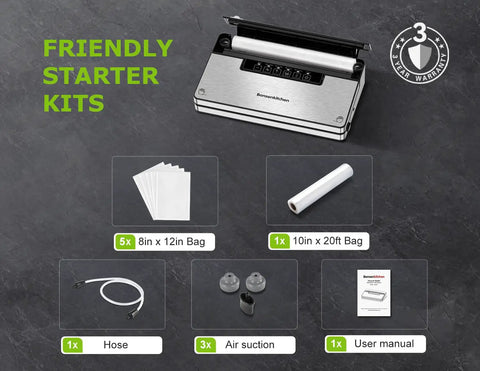 Stainless Steel Vacuum Sealer Machine With Built In Cutter And Bag Storage displayed with starter kits and warranty