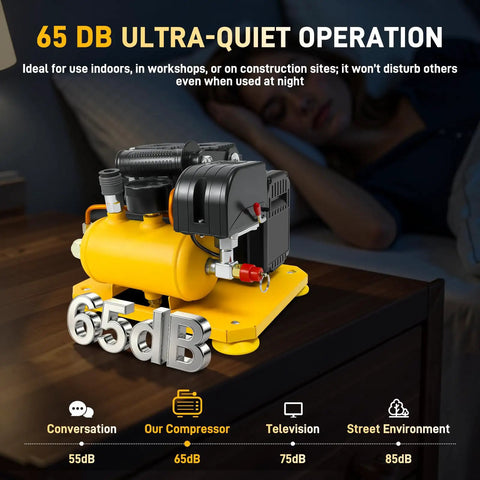 Hassle Free Cordless Air Compressor Pump Throwing Down A Solid 116 Psi, Silent Operation At Sixty Five Decibels on table, showcasing quiet performance.