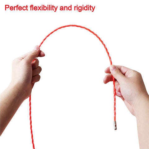Two hands holding a flexible 128 Ft Fish Tape Wire Puller For Wall And Ceiling Wiring With Fastener, showing its durable design.