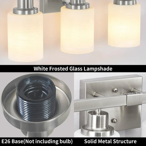 Details of 4-Light Nickel Modern Bathroom Vanity Light Fixture with Milky White Glass Shades, E26 Socket, Metal Construction