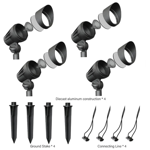 4 Pack Low Voltage Outdoor Landscape Flood Lights 5W LED Kit, 400 Lumen Black Waterproof Spotlights with stakes and connectors