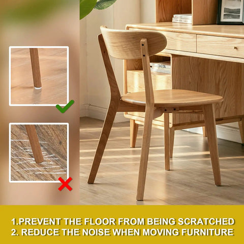60 Pack White Nylon Furniture Sliders Round Floor Protectors under a wooden chair leg to prevent floor scratches.