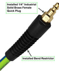 Close-up of Hybrid Air Hose 3/8 Inch By 25 Feet, 300 PSI Heavy Duty And Lightweight, with 1/4 Inch Quick Coupler Fitting and Bend Restrictor