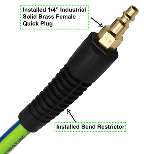 Close-up of Hybrid Air Hose 3/8 Inch By 25 Feet, 300 PSI Heavy Duty And Lightweight, with 1/4 Inch Quick Coupler Fitting and Bend Restrictor