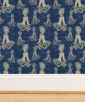 Little Rococo PVC Free Wallpaper Featuring Heavy Duty Poly Blend With Smooth Linen Texture For Kitchens Bathrooms And Mudrooms, Mermaid design on dark blue.