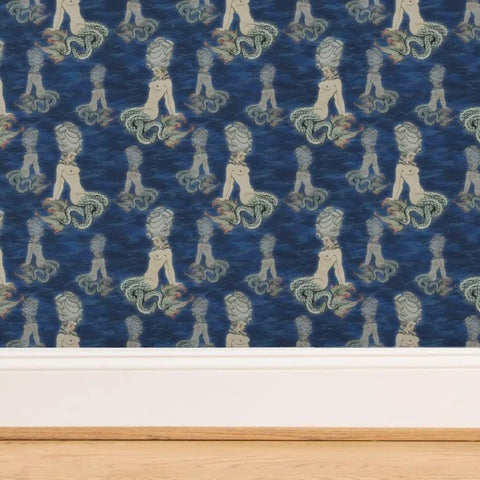 Little Rococo PVC Free Wallpaper Featuring Heavy Duty Poly Blend With Smooth Linen Texture For Kitchens Bathrooms And Mudrooms, Mermaid design on dark blue.