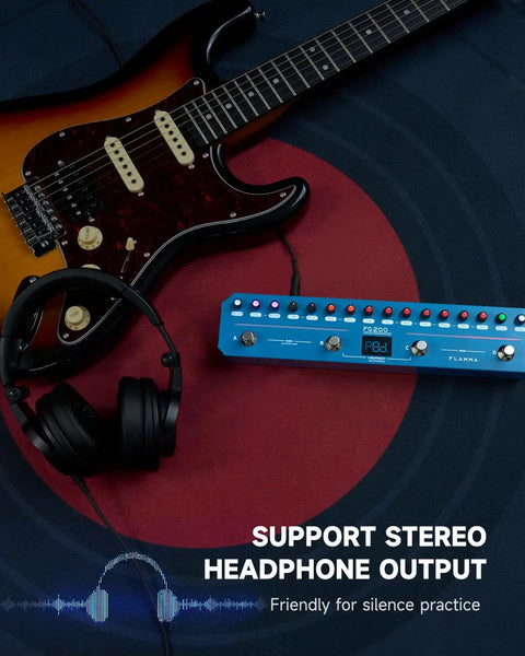 Intelligent Multi Effects Guitar Pedal With 52 Amp Models, guitar, and headphones; supports stereo headphone output.