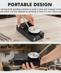 Heavy Duty Variable Speed Engraving Knife Sharpening Station With Six Grit Wheels And Stepless Forward Reverse Dial For No Sweat Hobbyist Tool Maintenance on a desk with hand holding the device.