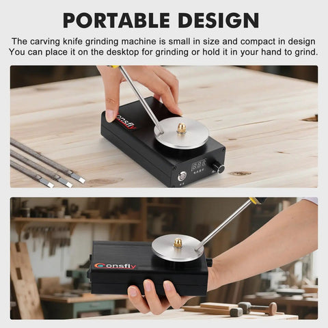 Heavy Duty Variable Speed Engraving Knife Sharpening Station With Six Grit Wheels And Stepless Forward Reverse Dial For No Sweat Hobbyist Tool Maintenance on a desk with hand holding the device.