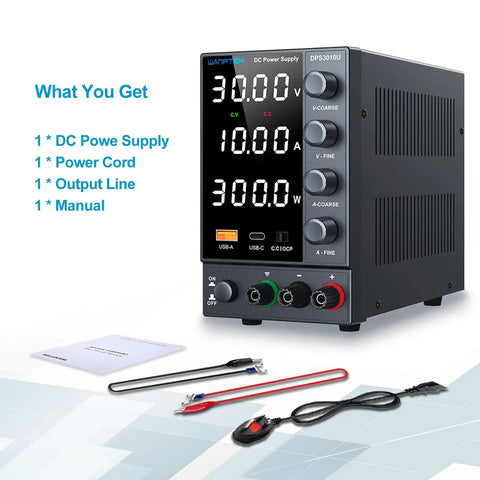 Pro Grade DC Bench Power Supply 0 To 30V 0 To 10A With Coarse And Fine Encoder Knobs, adjustable output, USB Type C, OCP protection